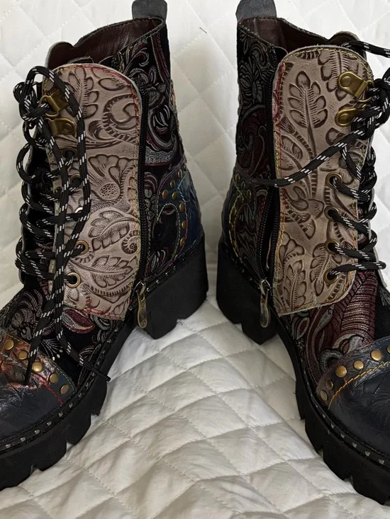 L'ATISTE Multicolor Embossed Lace-Up Combat Booties - Picture 2 of 12